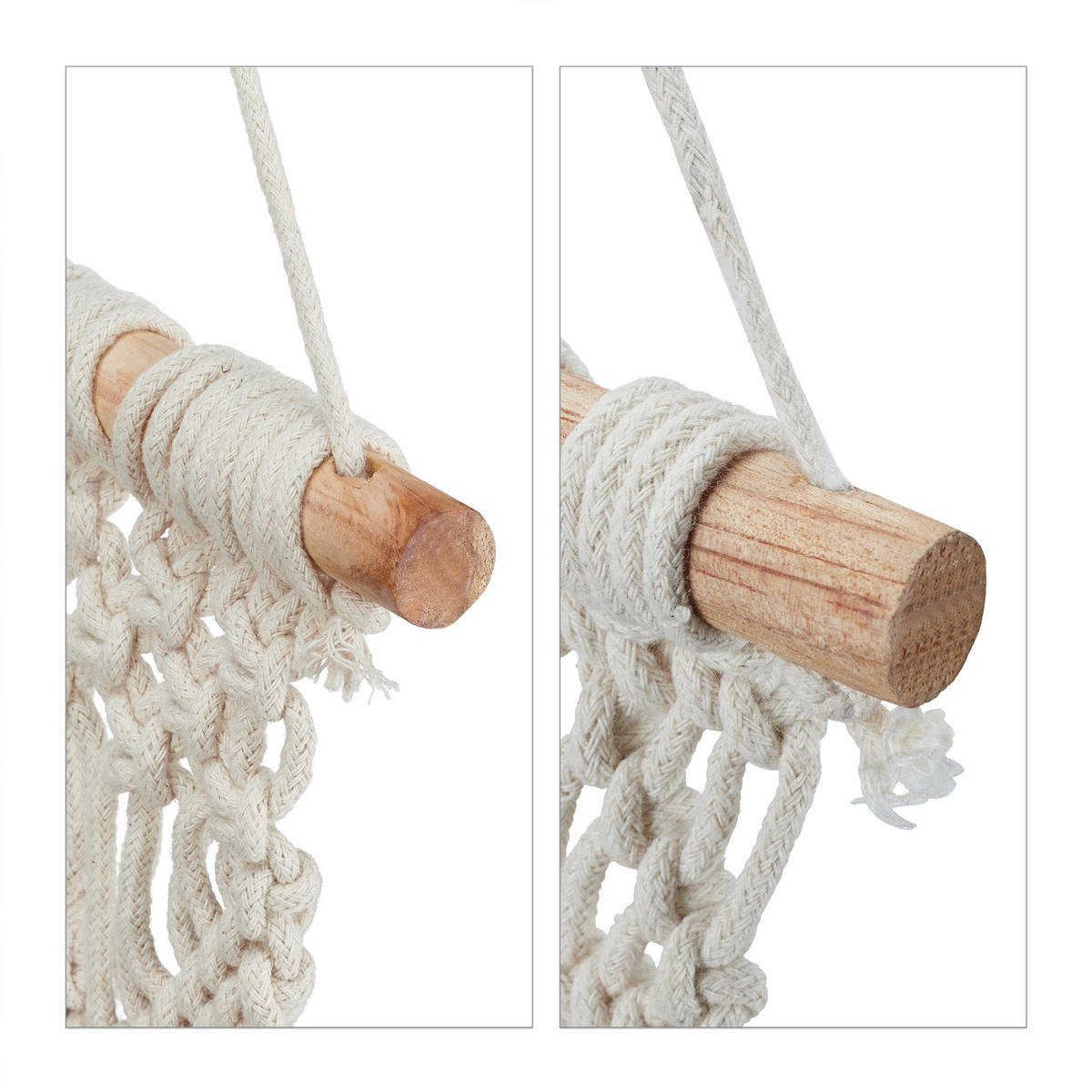 2-DIELNY makramé záves na stenu - krémová, drevo/textil (30/1.5cm) - Relaxdays