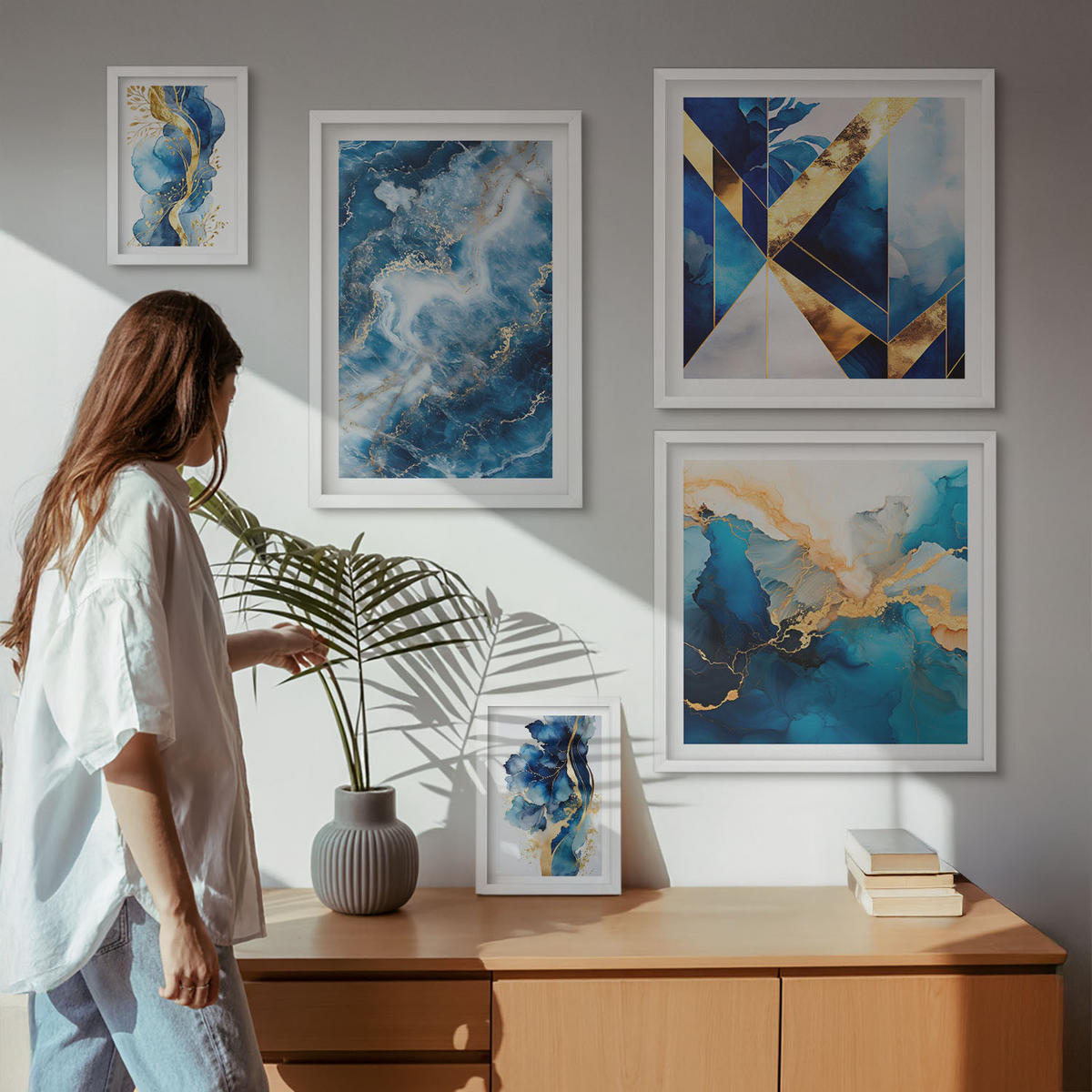 BILDER SET 5er Set - 50x50 cm & 20x30 cm & 40x60 cm Weißer Rahmen - Blaue abstrakte Muster - Weiß, Kunststoff (40/60cm) - TULUP