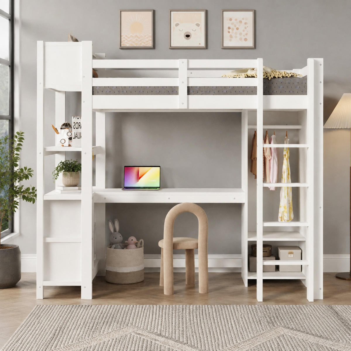 HOCHBETT 90/200 mit Regalen, Schreibtisch und Kleiderschrank in Weiß - Weiß, Holzwerkstoff (90/200cm) - EVRYAE