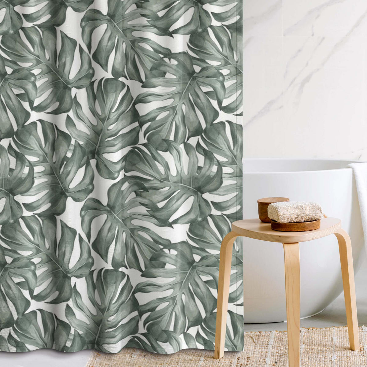 DUSCHVORHANG Aquarell Monstera Blätter in Grün 200/180 cm - Grün, Textil (200/180cm) - Bilderwelten