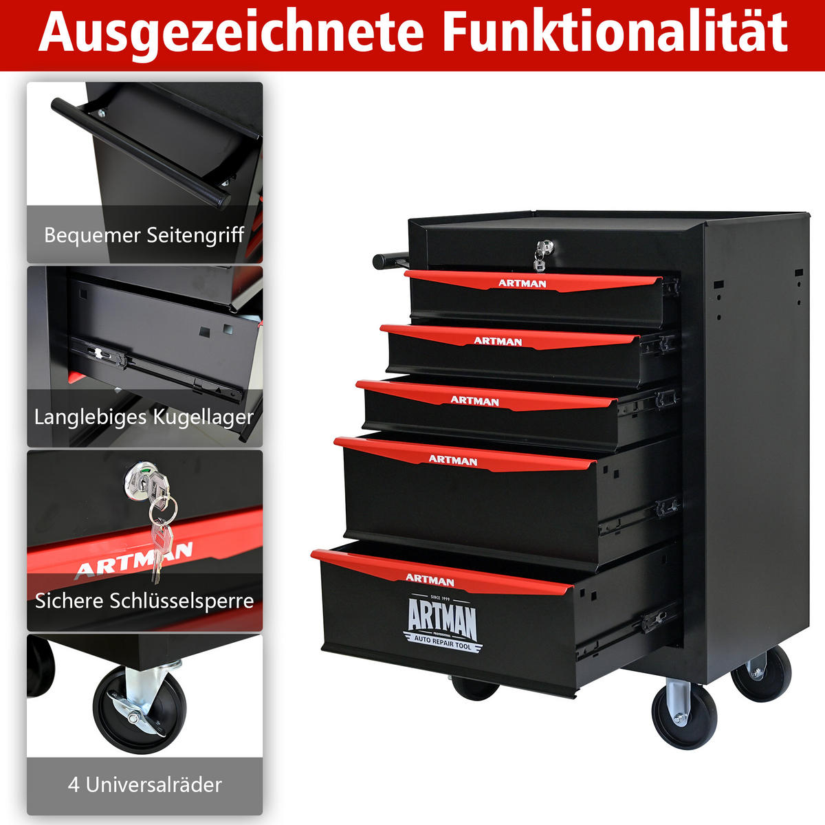 KOMBINATIONS-WERKZEUGSCHRANK – 5 Schubladen – 508 mm (20 Zoll) – Farbgebung: Schwarz und Rot - Multicolor, Metall (33/77.5/60cm) - DCA
