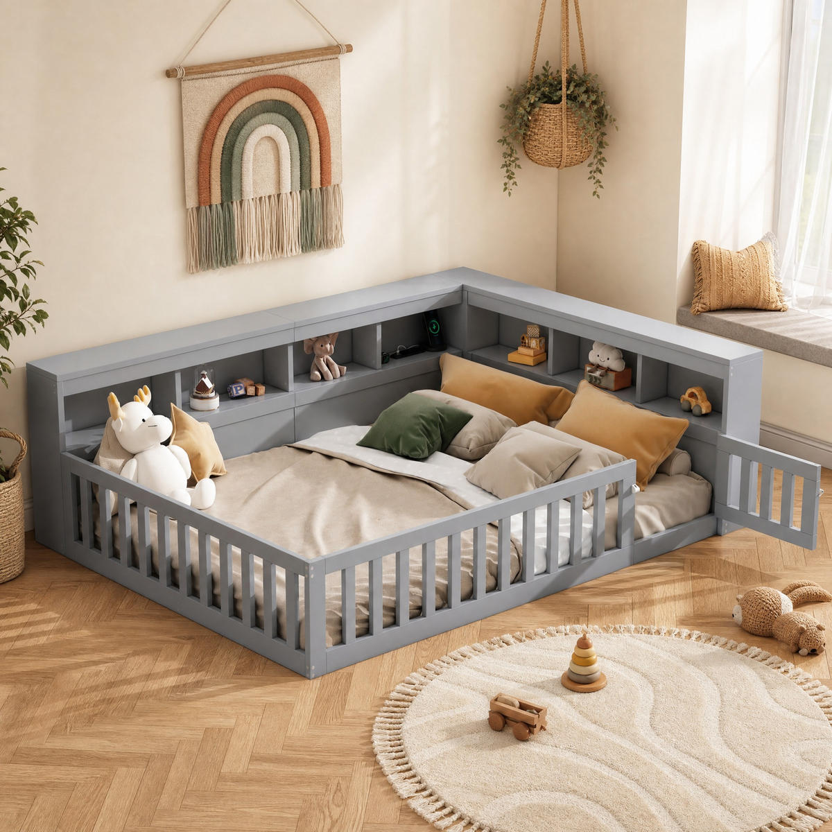 BETT 140/200 mit Staufach, Steckdose und USB in Grau - Grau, Holzwerkstoff (140/200cm) - EVRYAE