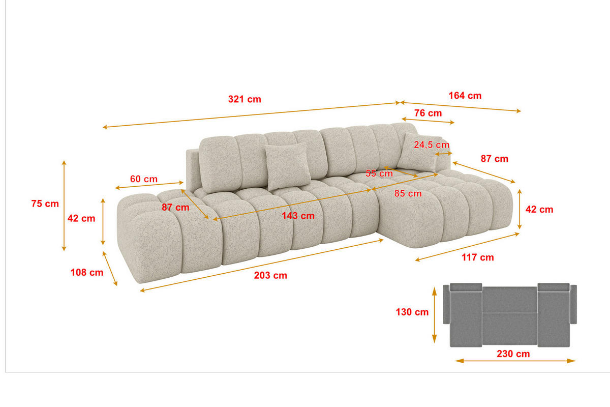 ECKSOFA mit Schlaffunktion Ottomane RECHTS OLEA-L2 321x164x75 Beige Tissu - Schwarz/Sahara, Holzwerkstoff/Kunststoff (164/321cm) - ALTDECOR