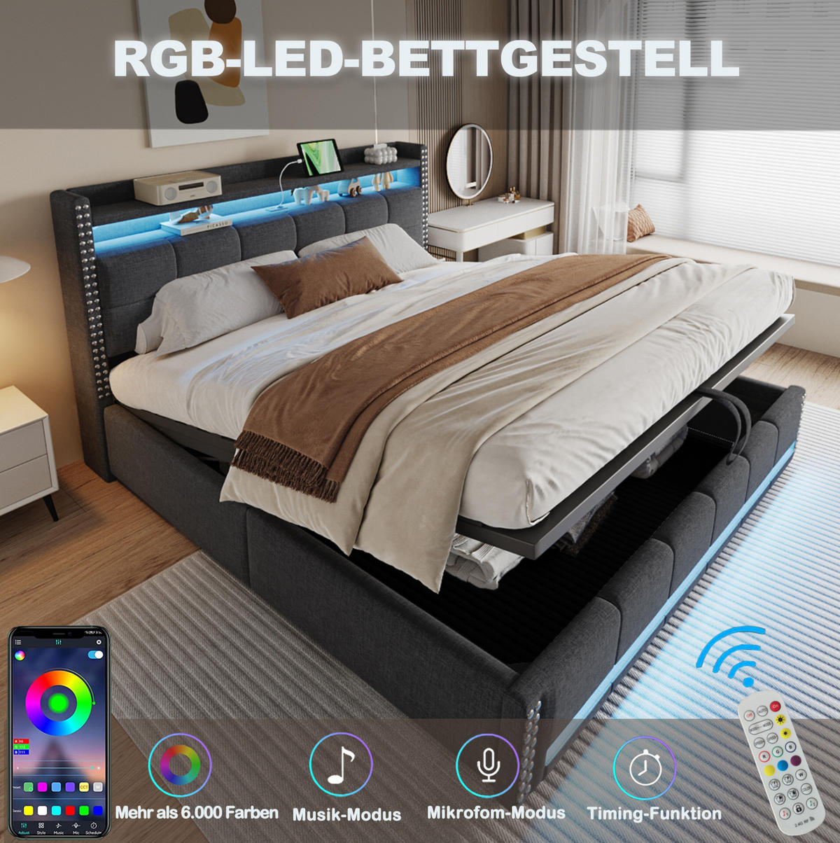 POLSTERBETT 180/200 cm Grau aus Leinenstoff mit LED und Stauraum - Grau, Textil (180/200cm) - OKMYHOME