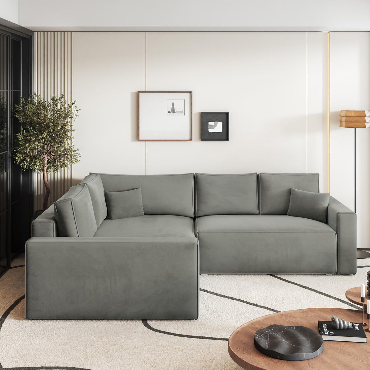 ECKSOFA ERONIS L-S Hellgrau Velours-Stoff mit Schlaffunktion - Hellgrau, Holz (265/194cm) - MASSENO