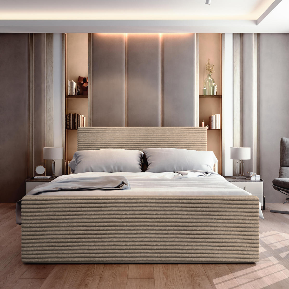 BOXBETT BRENTO 160x200 cm mit Matratze und Topper - Beige - Beige, Holz (160/200cm) - MASSENO