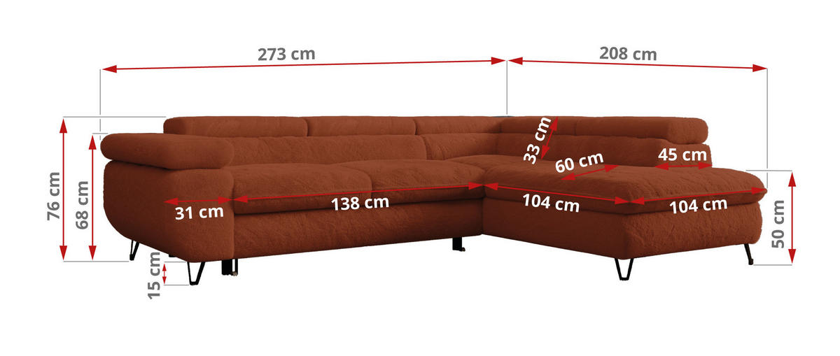 ECKSOFA PETER L Orange Plüsch - Links Seite - Schwarz/Orange, Textil/Metall (208/273cm) - MKS