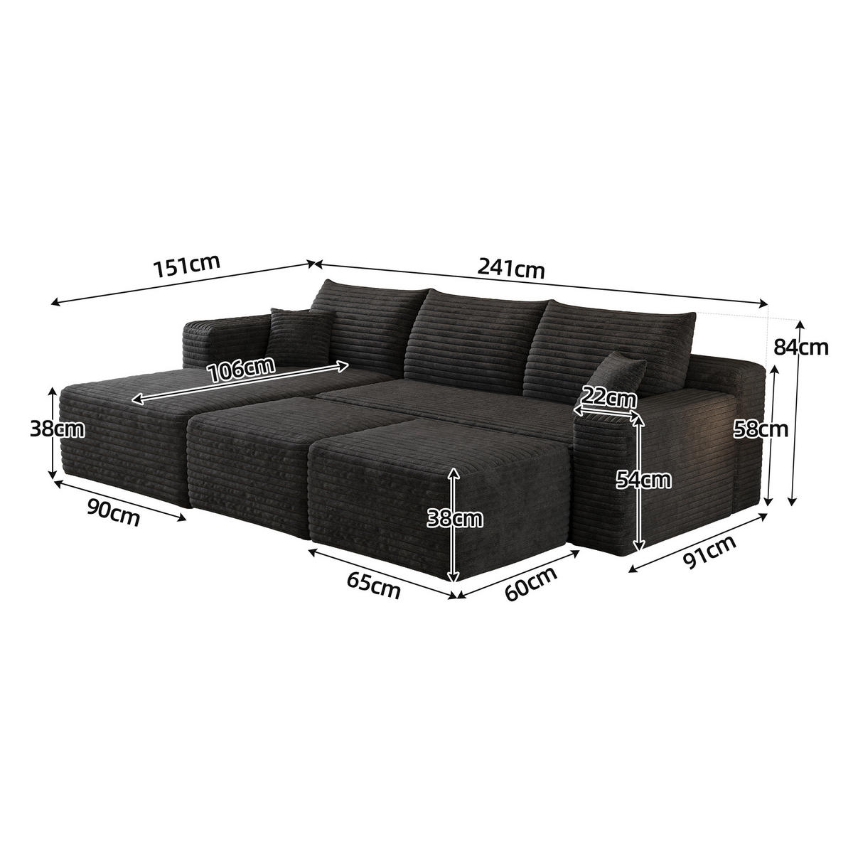 ECKSOFA 241/151/58 cm schwarz aus Stoff mit Cordbezug und Chaiselongue - Schwarz, Textil (151/241cm) - OKWISH