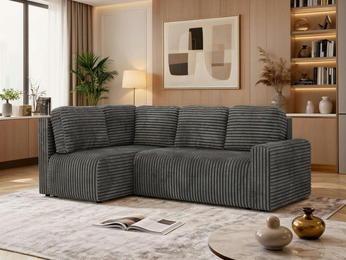 ECKSOFA NESSARO COR L - Grau Cord - Links - Schwarz/Grau, Kunststoff/Textil (151/240cm) - MKS