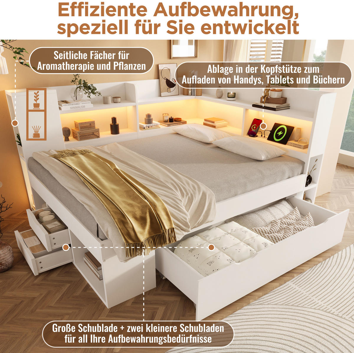 DENNÁ posteľ 90/200 cm biela s LED osvetlením USB nabíjaním a úložným priestorom z dreva - biela, textil (90/200cm) - OKWISH