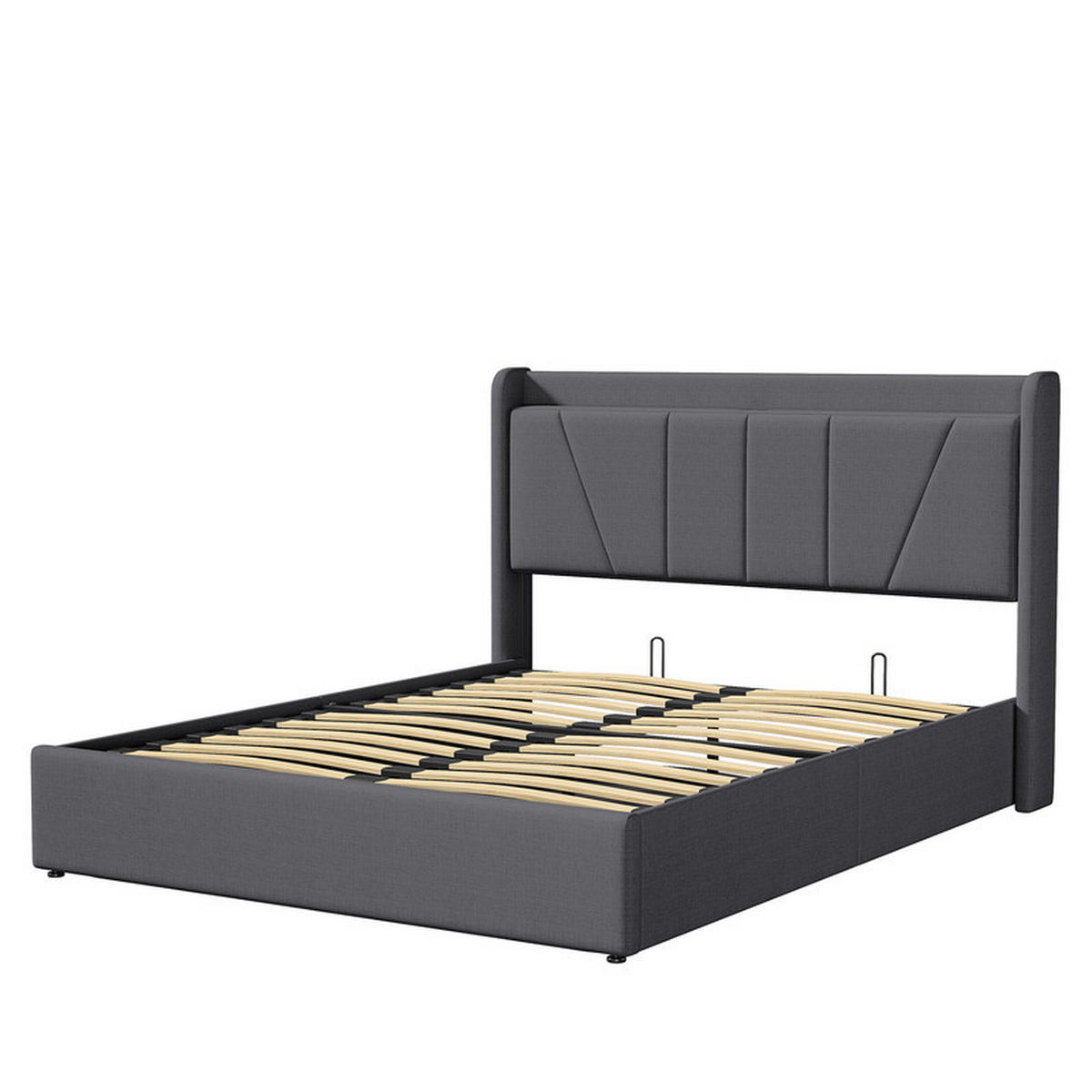 BETT 160 x 200 cm mit Stauraum, hydraulisch mit Staufach, Kopfteil und Lattenrost, Grau + Leinen - Grau, Holzwerkstoff/Textil