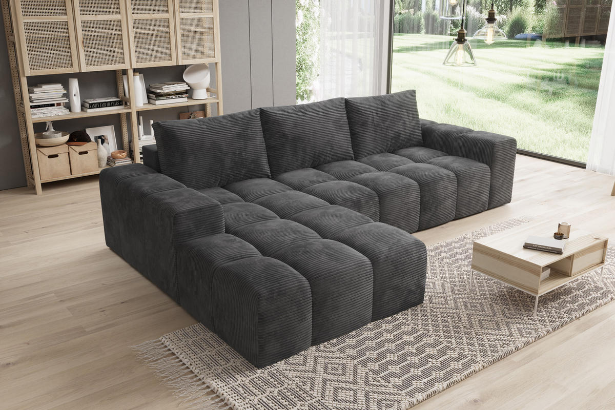 ECKSOFA Cento, L-Form, Ottomane Links, Cordstoff, 285x56x180 cm, Dunkelgrau - Dunkelgrau, Holz (180/285cm) - PROMETO Möbel