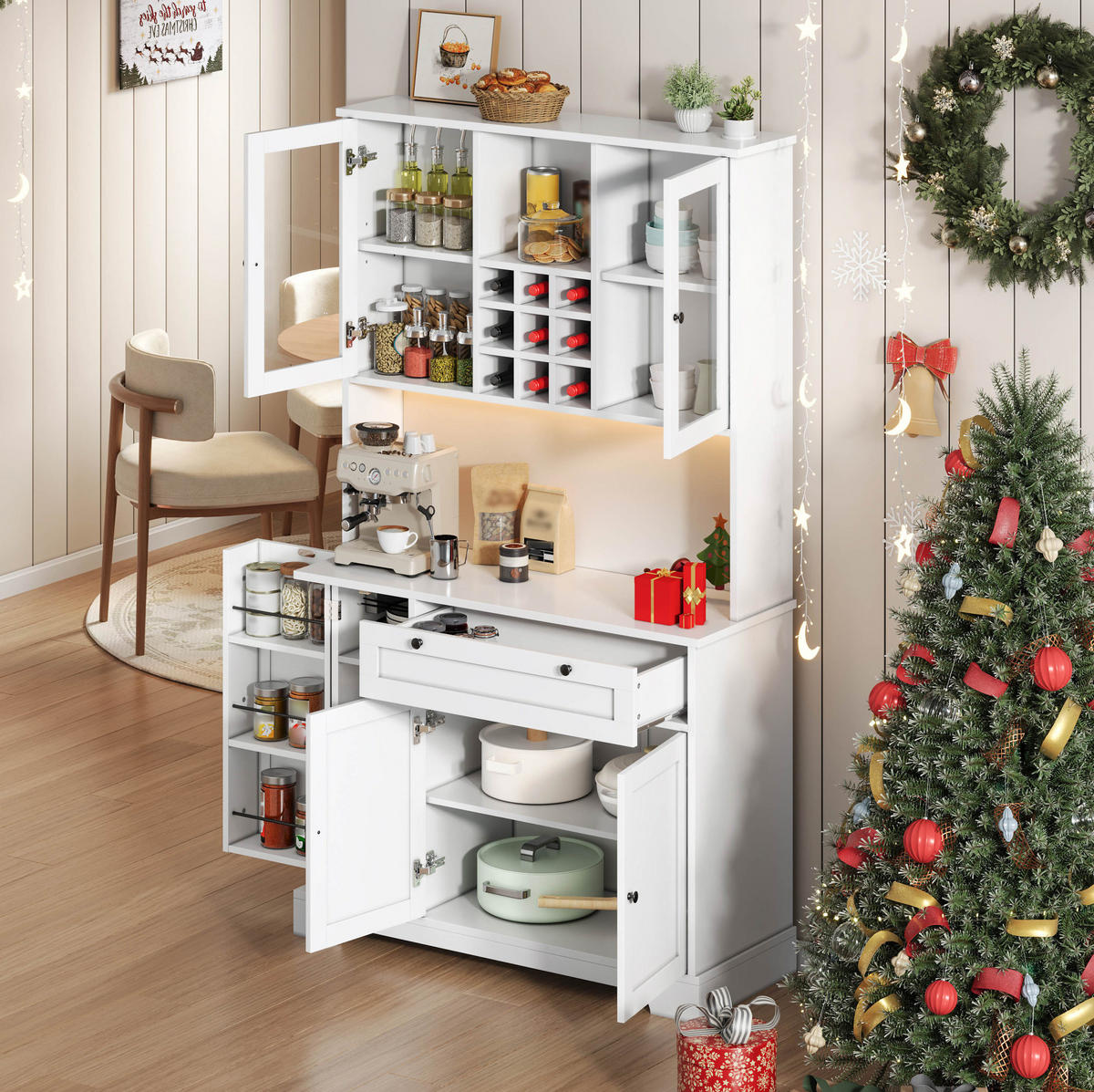 BUFFET aus MDF 40x105x180 cm Weiß mit LED-Beleuchtung, Steckdose, verstellbaren Einlegeböden und Weinregal - Weiß, Holzwerkstoff (105/180/40cm) - Modfu