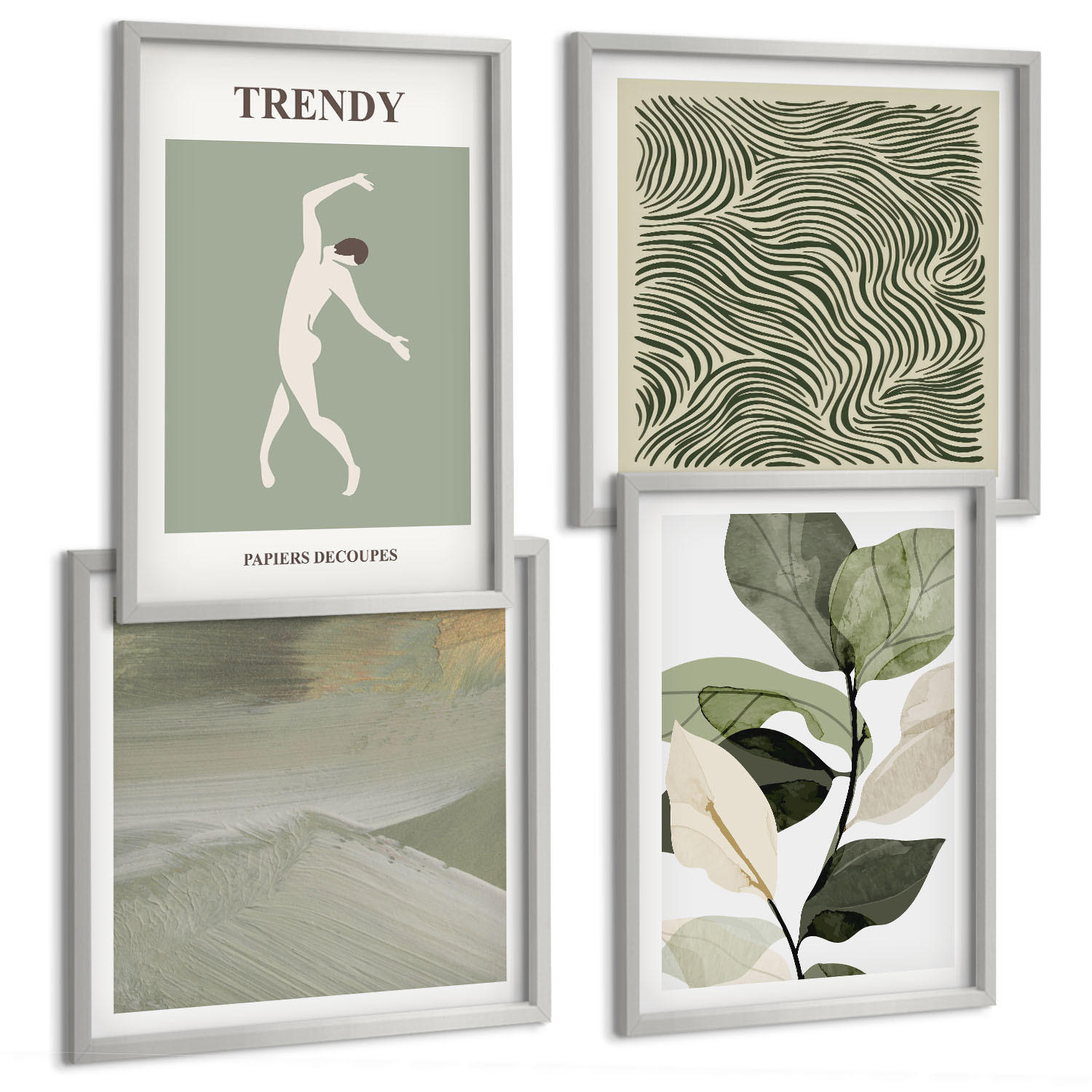 BILDER SET 4er Set - 50x50 cm & 40x60 cm Silberner Rahmen - Abstrakte Pflanzenmuster - Silberfarben, Kunststoff (50/50cm) - TULUP