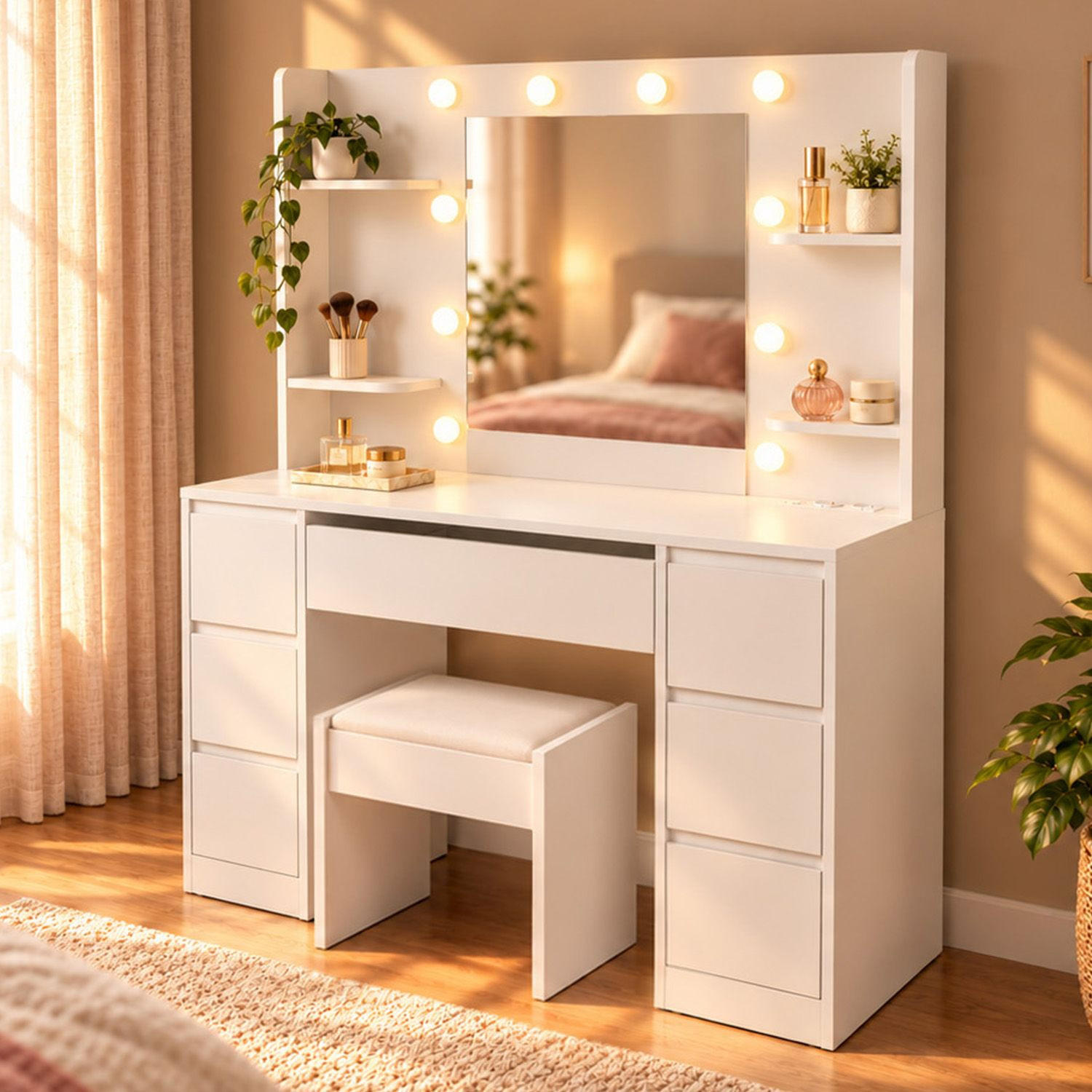 SCHMINKTISCH Malia mit LED und Hocker Melly - Weiß, Holz (107/140/40cm) - Juskys