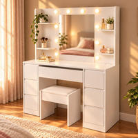 SCHMINKTISCH Malia mit LED und Hocker Melly - Weiß, Holz (107/140/40cm) - Juskys