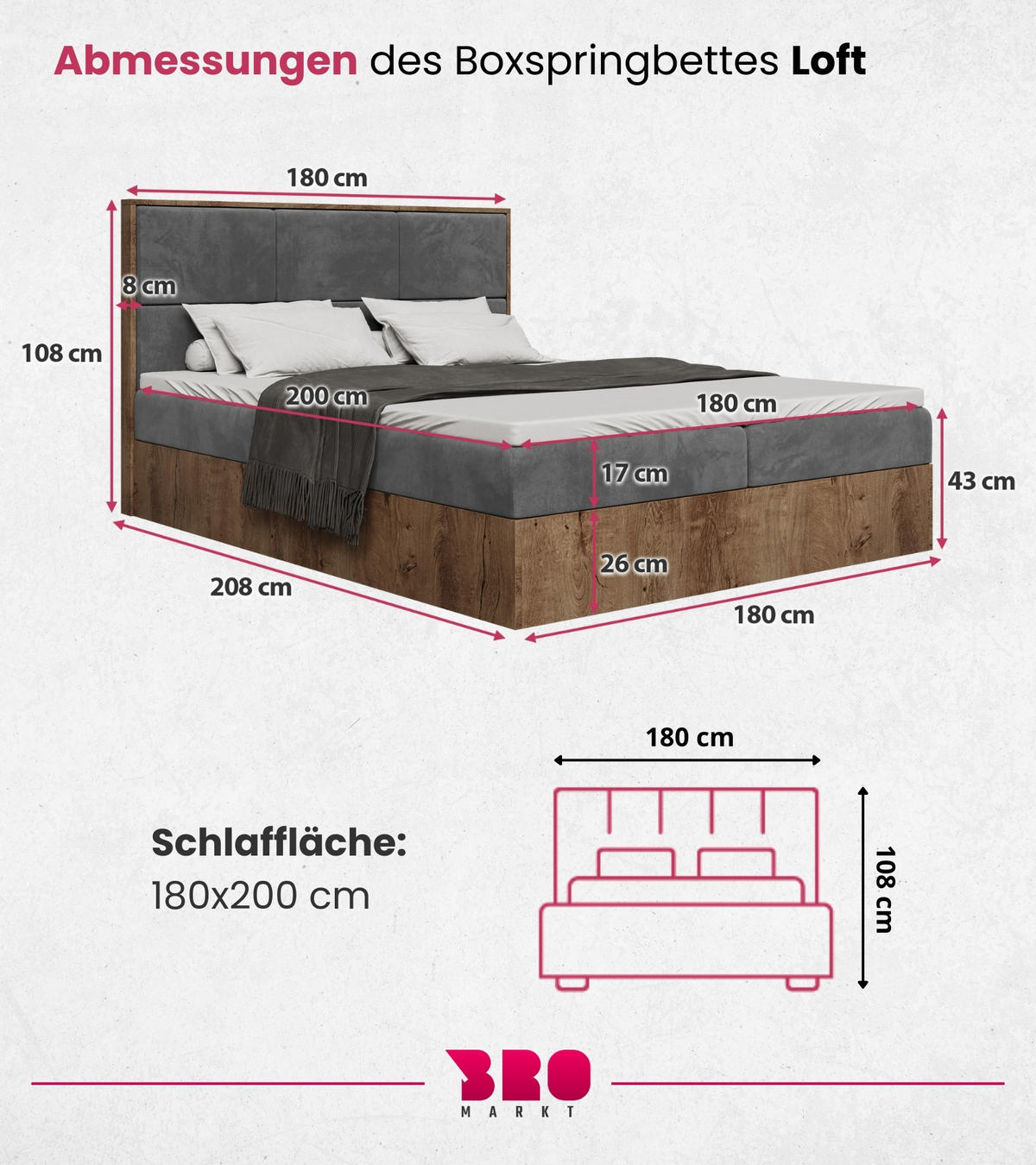 BOXBETT Loft mit Topper 180/200 Dunkelgrau - Grau, Holzwerkstoff/Textil (180/200cm) - Bromarkt