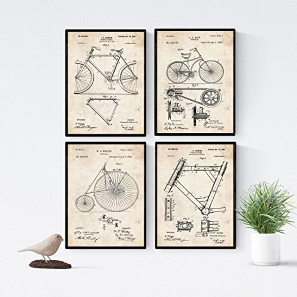 POSTER Set mit 4 Jahrgang Fahrrad Patent A4 Schwarzer Rahmen - Schwarz, Papier (29.7/3cm) - Nacnic