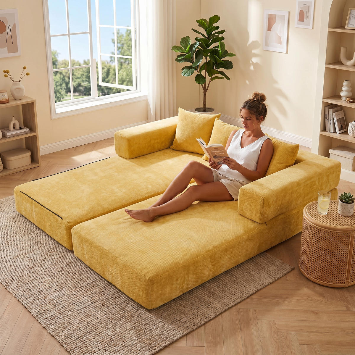 SCHLAFSOFA, Klappbares Bodensofa, Modulares Polstersofa Chenille, Gelb - Gelb, Textil (79/60/198cm) - LVHOM