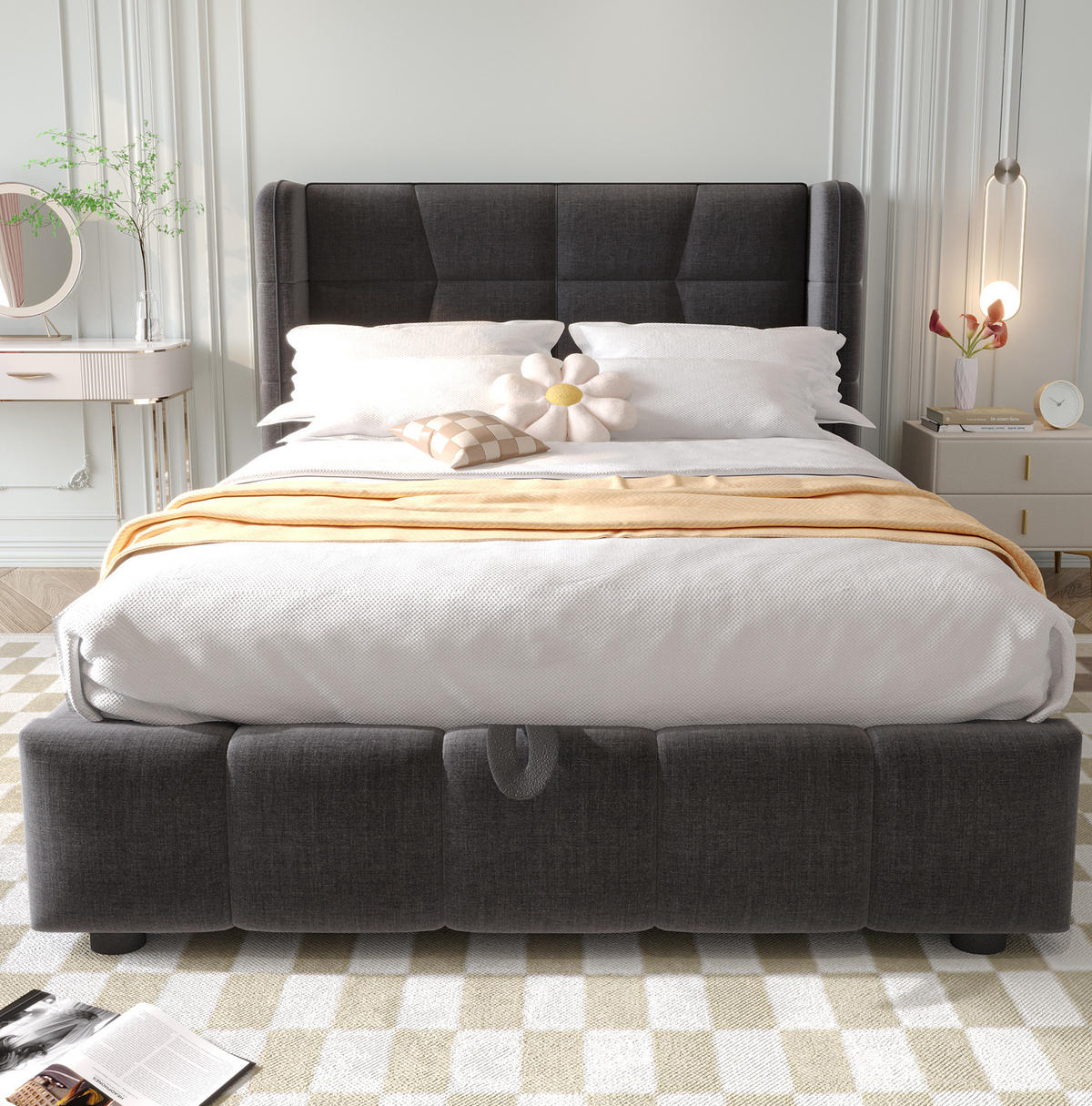POLSTERBETT 90/200 cm grau aus Stoff mit Stauraum und Hebemechanismus - Grau, Textil (90/200cm) - OKWISH