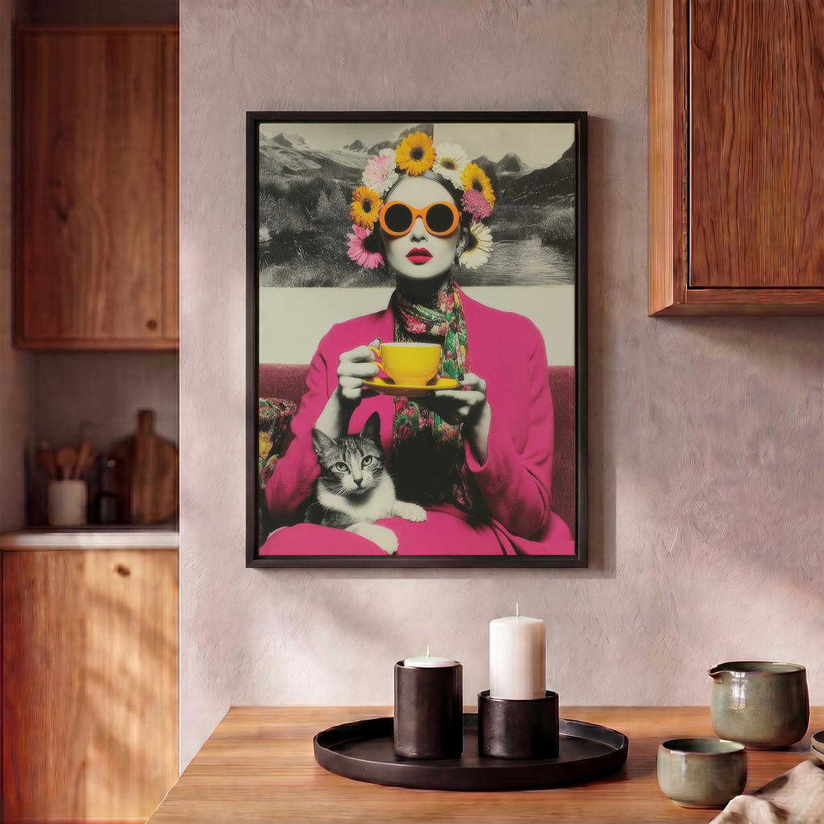 LEINWAND Bilder mit Rahmen - Frau - Katze - Blumen - Tasse - Retro - 30x40 - Magenta, Textil (30/40cm) - MuchoWow