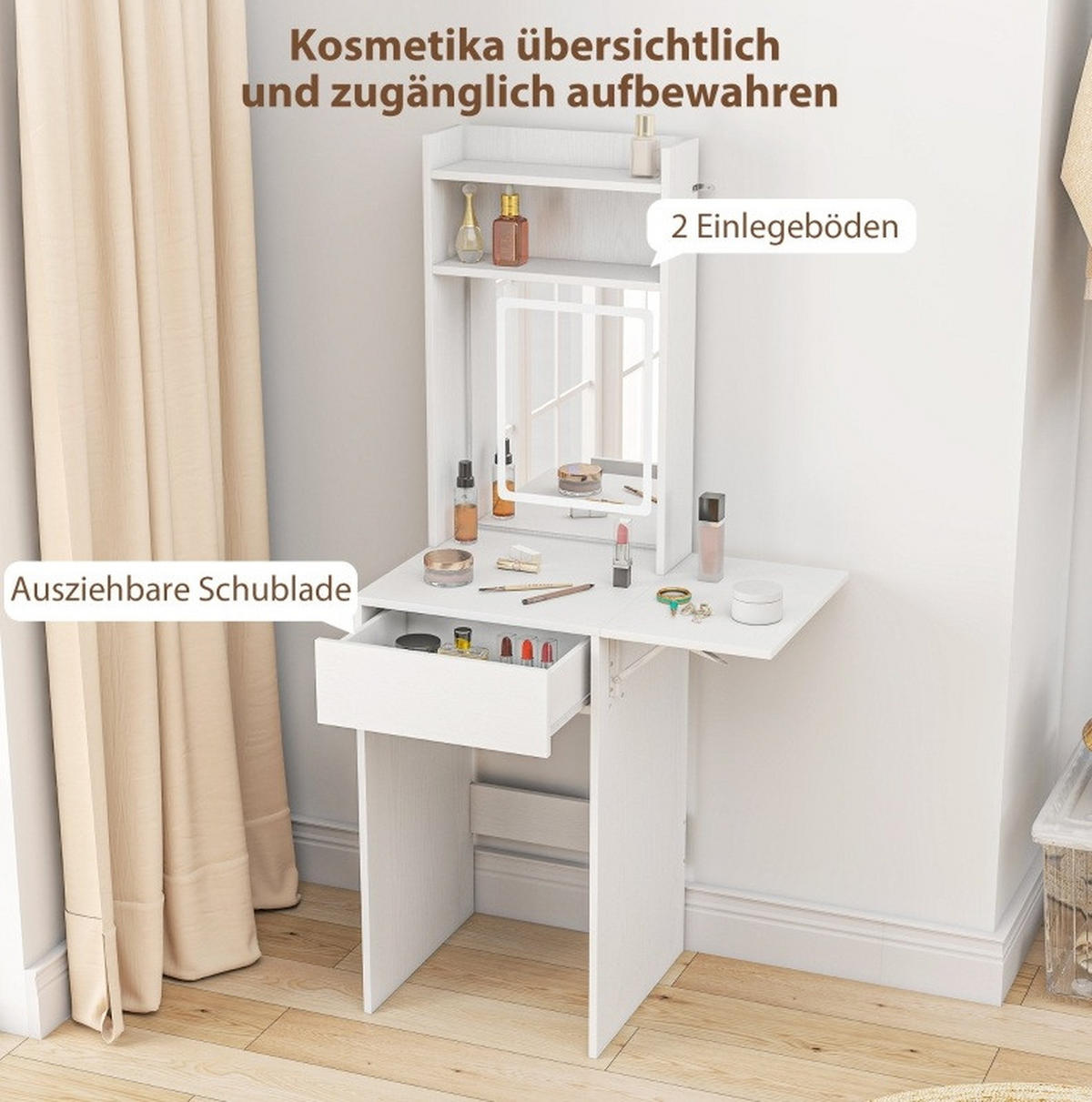 SCHMINKTISCH 45/45/152 cm Weiß aus Holz mit LED-Spiegel - Weiß, Holz (45/152/45cm) - OKWISH