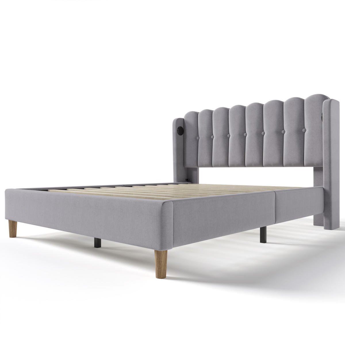 POLSTERBETT 160/200 cm in Grau Leinen mit USB Typ C Ladefunktion - Grau, Holz/Textil (160/200cm) - KOMHTOM