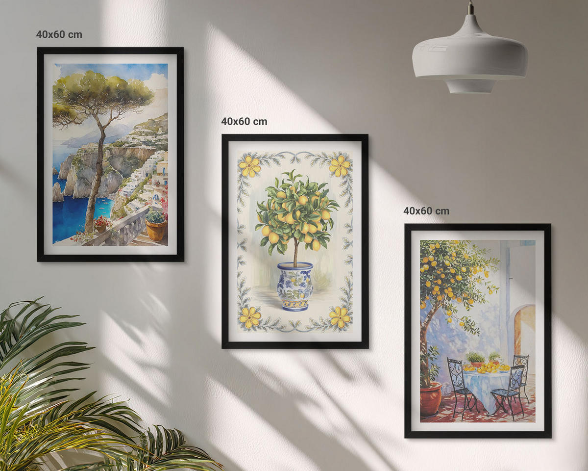 WANDBILDER 3er-Set - 40x60 cm Schwarzer Rahmen - Blick auf das Meer aus Zitronenbäumen - Schwarz, Kunststoff (40/60cm) - ArtPrintCave