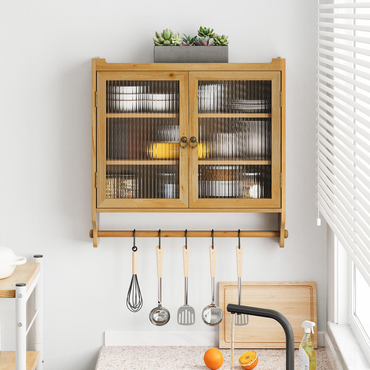 HÄNGESCHRANK in Naturfarben mit 2 Glastüren und Handtuchhalter für Badezimmer und Küche, B63/T18/H60 cm - Transparent/Naturfarben, Glas/Holzwerkstoff (60/60/18cm) - STILVORA