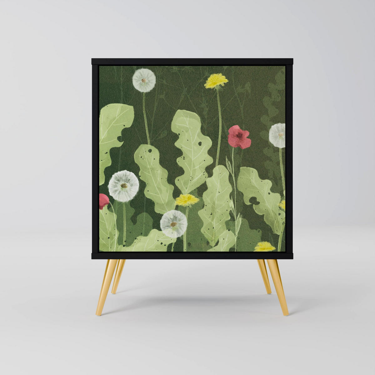 SIDEBOARD DANDELION AMUSE, Schwarz, 57,5x42x75,5 cm, Goldfarbene Metallfüße - Goldfarben/Multicolor, Holzwerkstoff/Metall (57.5/75.5/42cm) - SpaceRebels