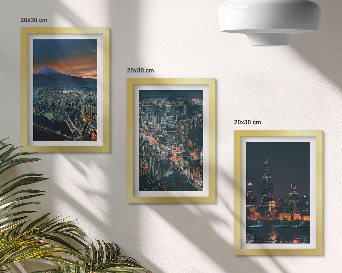 BILDER SET 3er Set - 20x30 cm Goldrahmen - Bergpanorama der Stadt bei Nacht - Goldfarben, Kunststoff (20/30cm) - TULUP