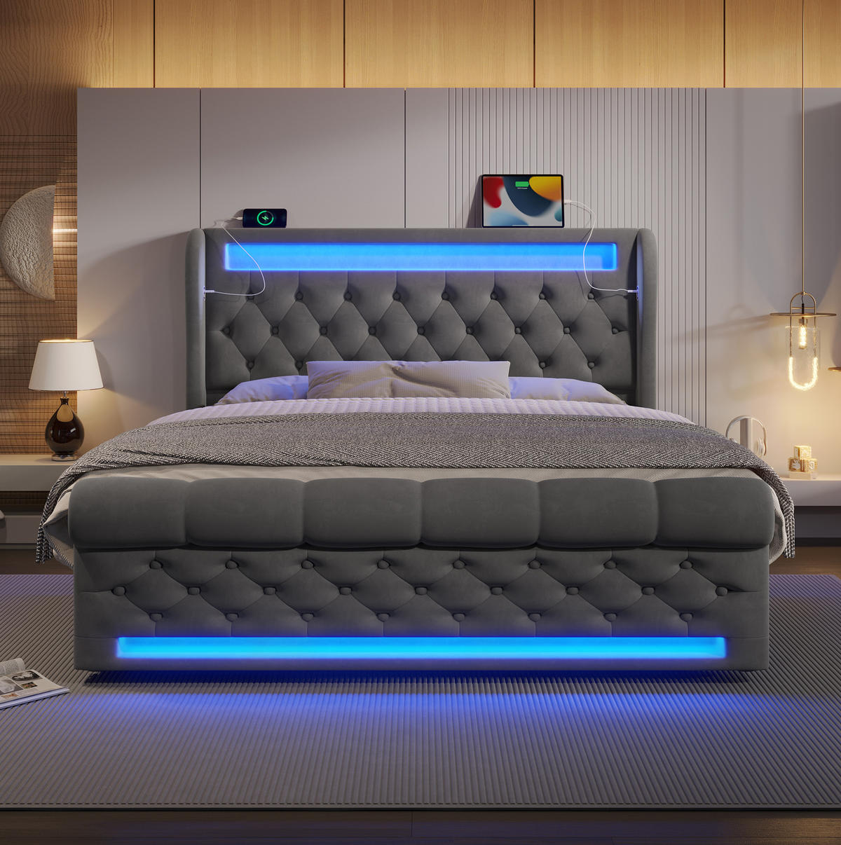 POLSTERBETT 140/190 cm Grau aus Samt mit Stauraum, LED und USB-Anschlüssen - Grau, Textil (140/190cm) - Flora Grace