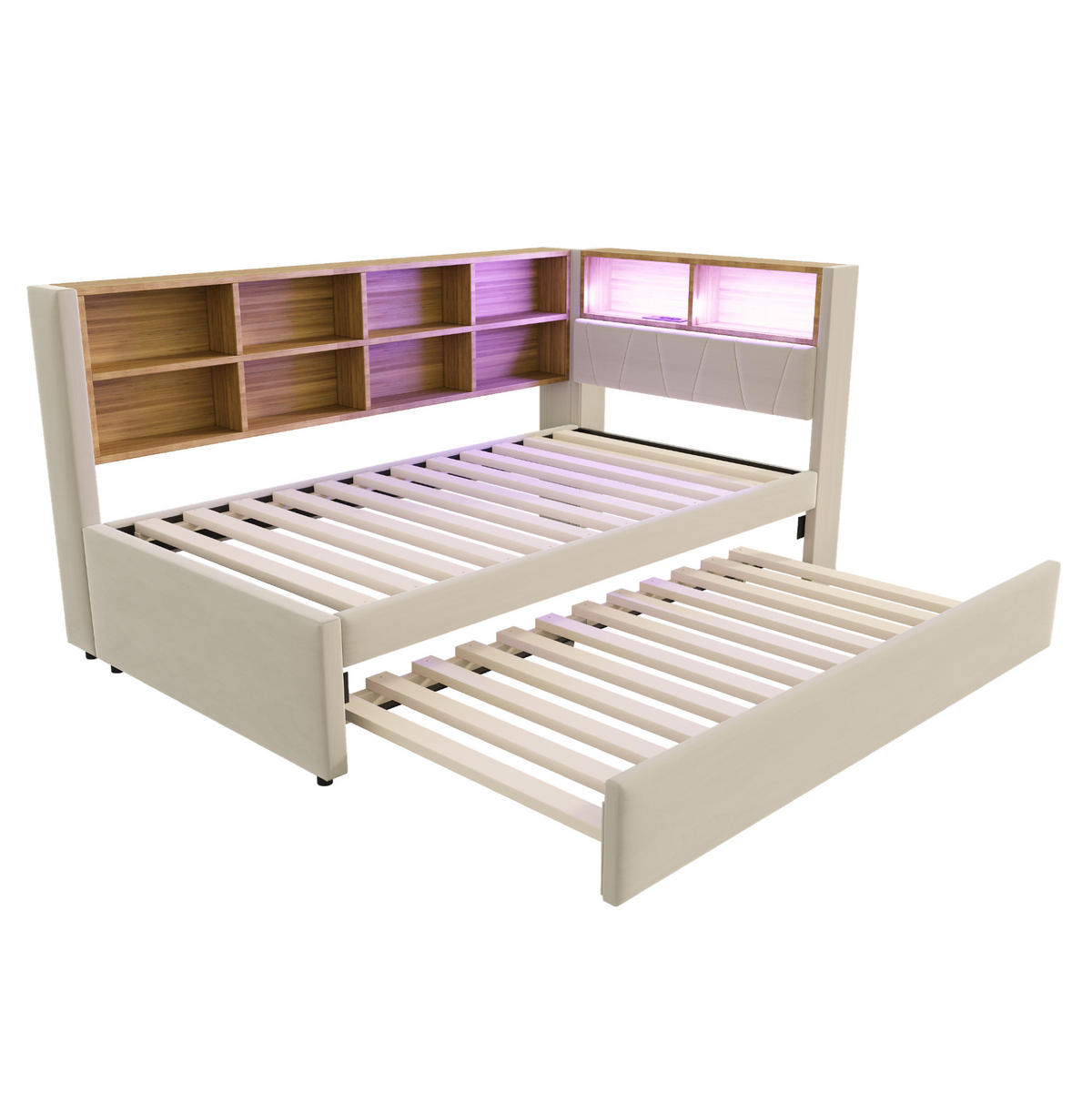 POLSTERBETT 90/200 cm Beige mit LED-Beleuchtung, Stauraum und USB- und Type-C-Anschlüssen - Beige, Textil (90/200cm) - Flora Grace