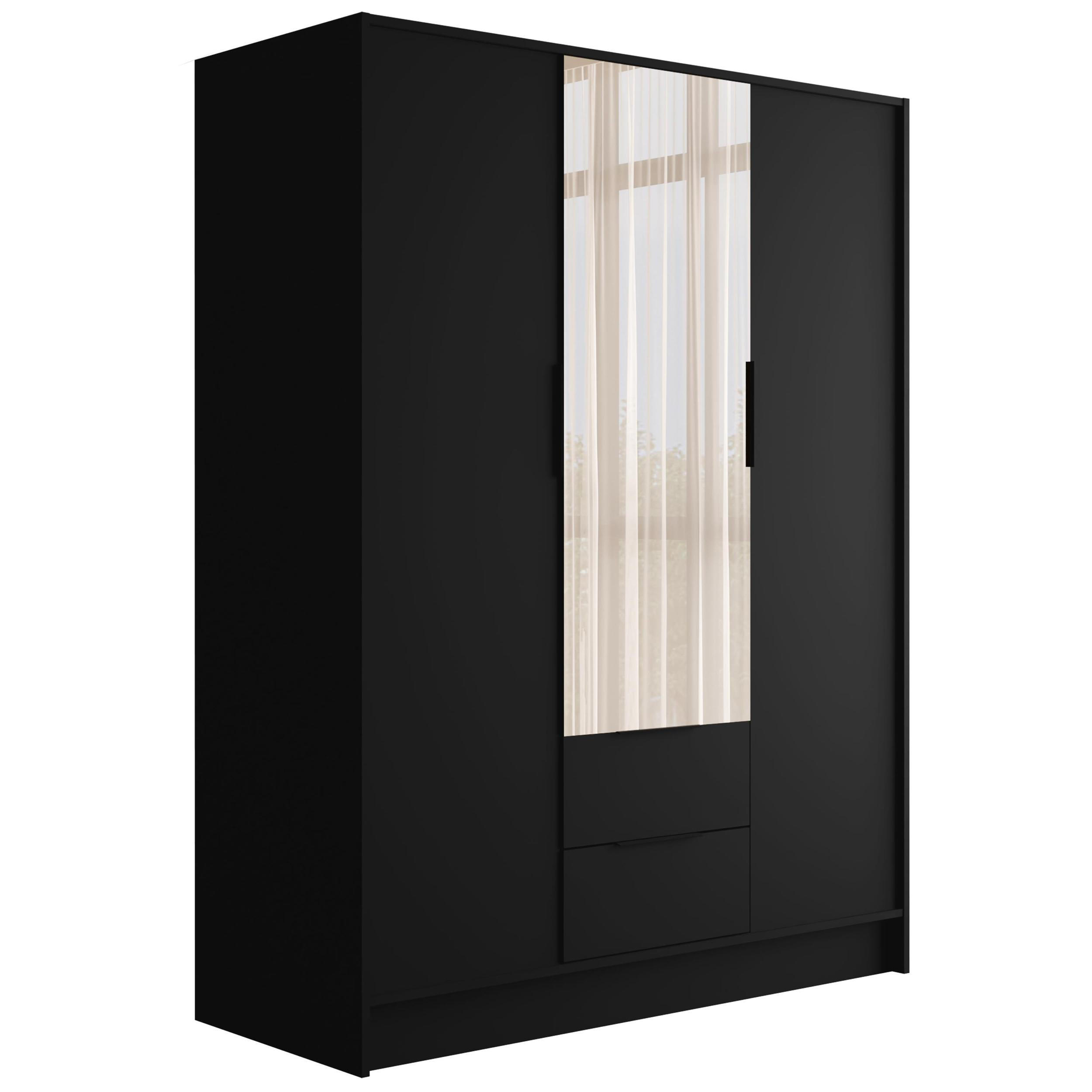 KLEIDERSCHRANK mit Spiegel und Flügeltüren KOLIN 150x200cm Schwarz - Schwarz, Holzwerkstoff (150/200/51cm) - ALTDECOR