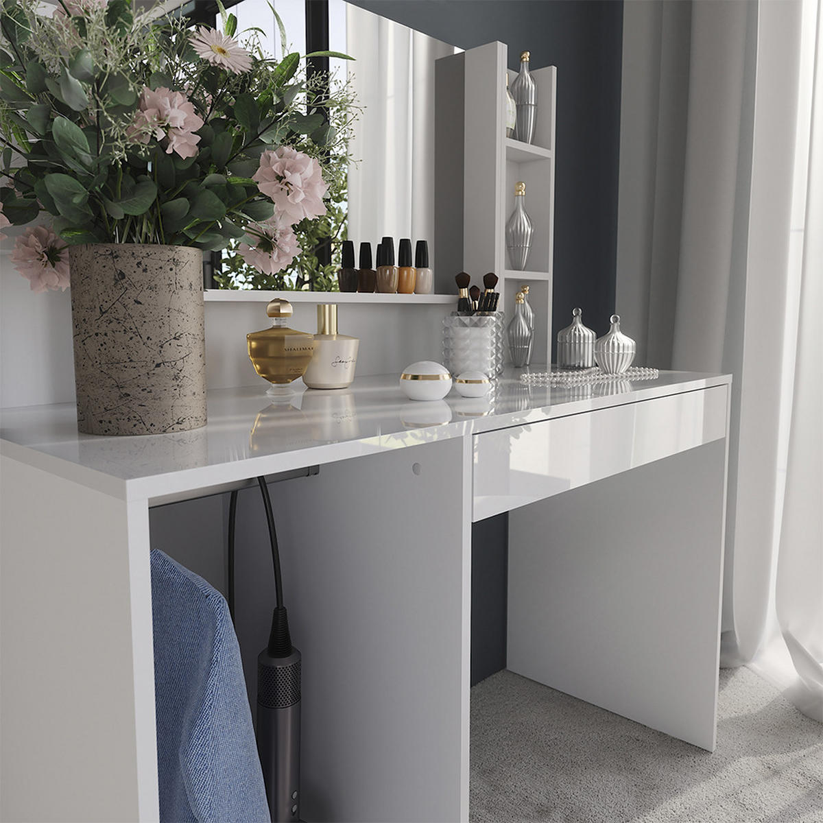 SCHMINKTISCH Sherry Weiß/Weiß Hochglanz 119.8 cm 4 Teile - Weiß Hochglanz, Holzwerkstoff (119.8/76/50.1cm) - Vicco