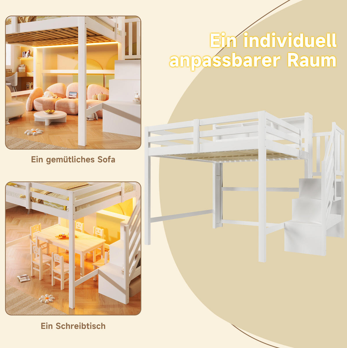 HOCHBETT 140/200 cm Weiß mit LED und Stauraumtreppe ohne Matratze - Weiß, Holz (140/200cm) - MIVRAY