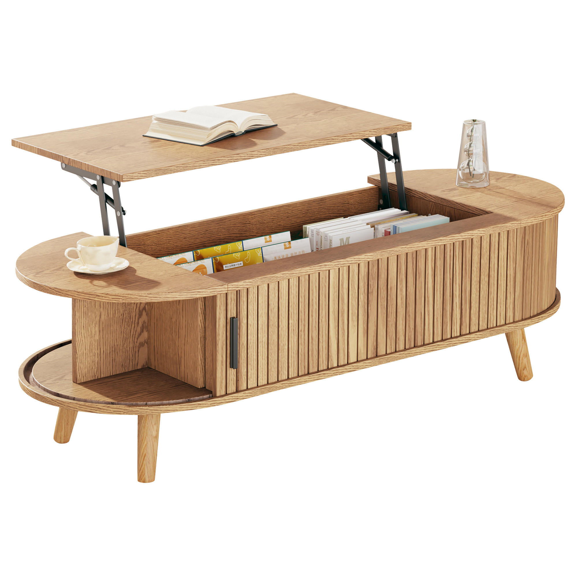 COUCHTISCH 120/50/39,5 cm höhenverstellbar mit verstecktem Stauraum und Rolltüren aus MDF, Natur - Naturfarben, Holzwerkstoff (120/50/39.5cm) - Modfu