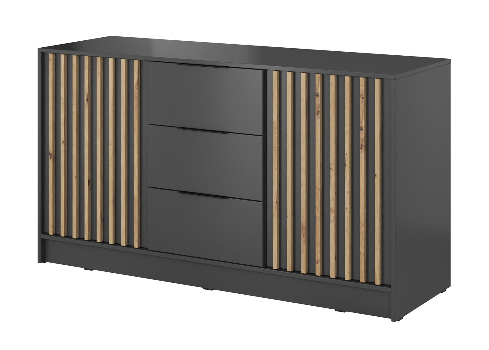 KOMMODE Stilo 155 cm in Graphit + Lamellen aus Artisan-Eiche - Schwarz/Graphitfarben, Holzwerkstoff/Kunststoff (155/86/45cm) - Ravio