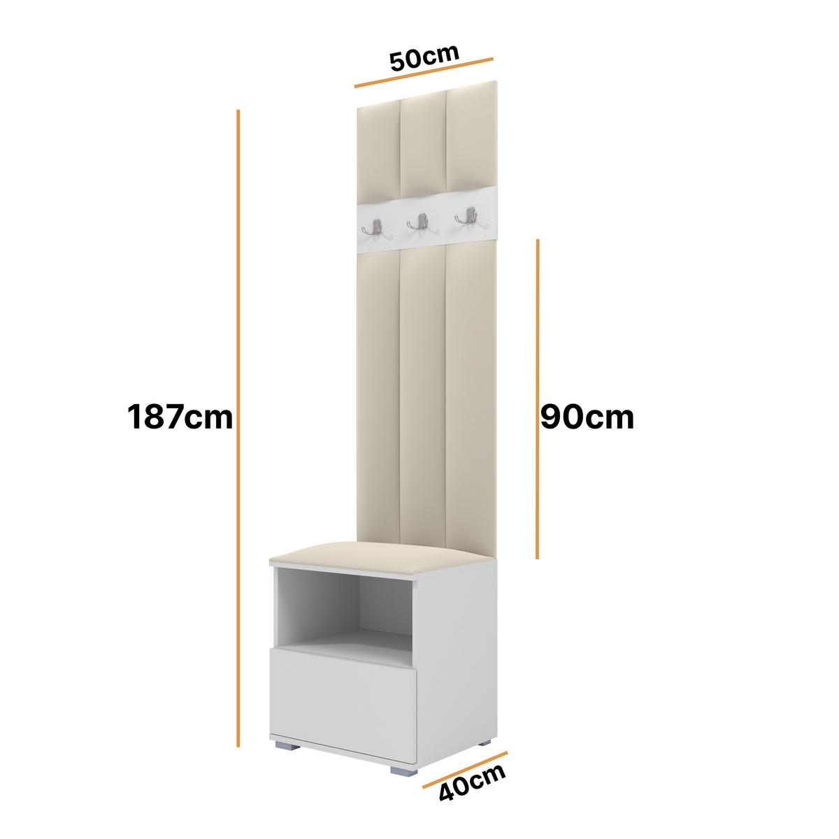 GEPOLSTERT Garderoben-Set Nela IV LUX (Farbe Weiß + Stoff Trinity 01) - Silberfarben/Creme, Holz/Holzwerkstoff (50/187/40cm) - Ravio