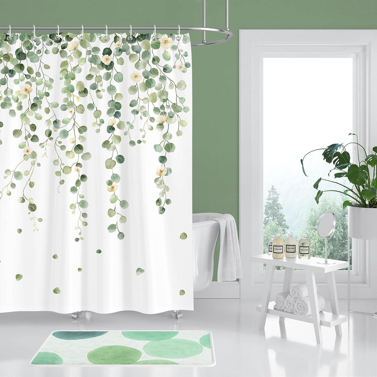 DUSCHVORHANG Grün Eukalyptus Polyester wasserdicht schimmelresistent waschbar mit Haken - Grün, Textil (180/180cm) - MCBOSON