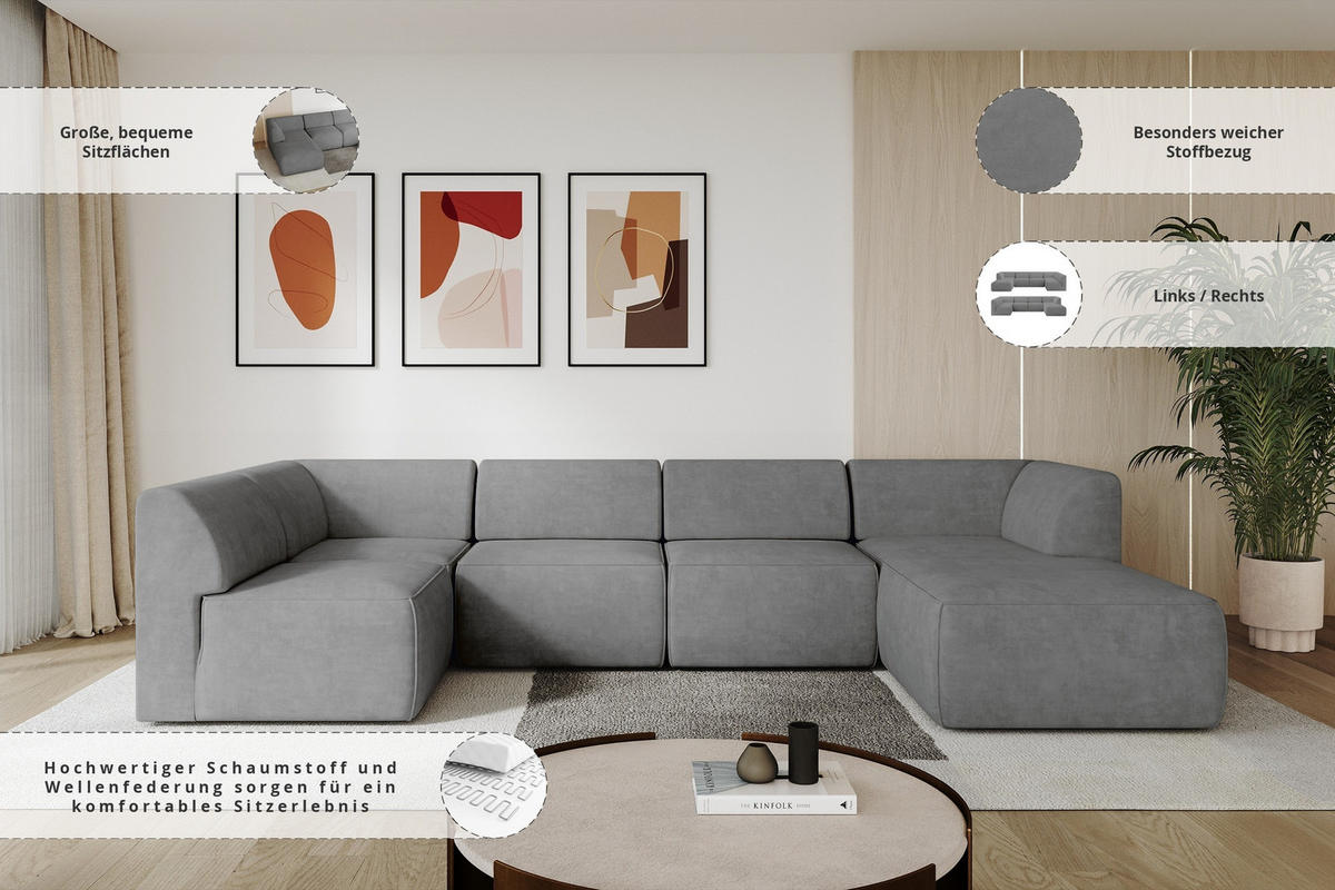 WOHNLANDSCHAFT Ottomane Rechts MOVO-L 345x180x78 cm Grau Velours - Taupe/Schwarz, Holzwerkstoff/Kunststoff (345/78/180cm) - ALTDECOR