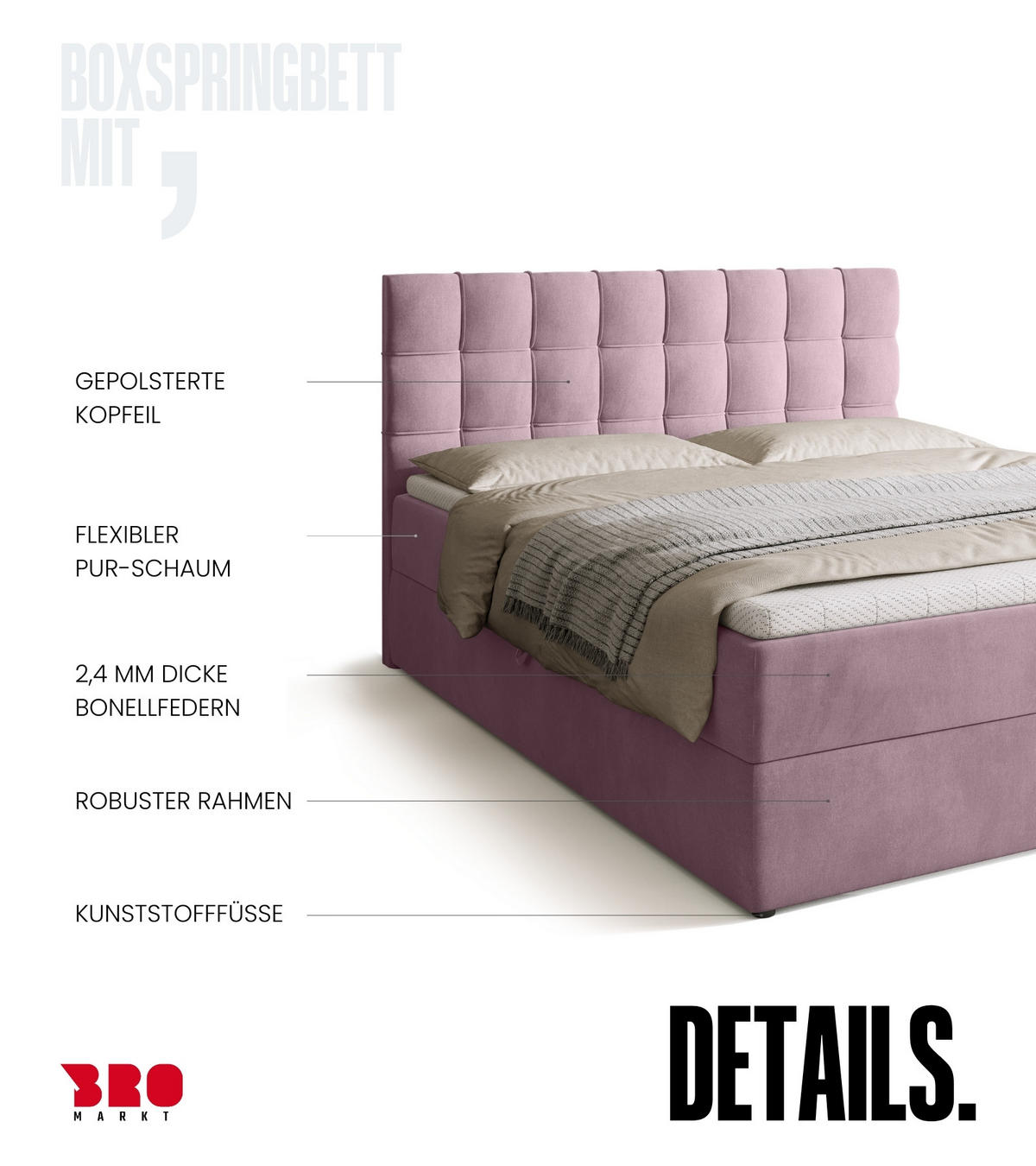 BOXBETT Detroit mit Topper 160/200 Rosa - Rosa, Holzwerkstoff/Textil (160/200cm) - Bromarkt