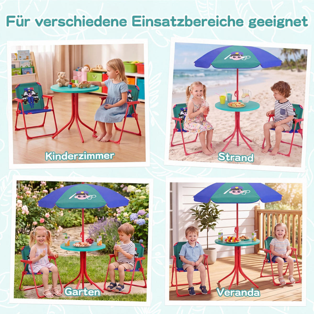 KINDER-SITZGRUPPE mit Sonnenschirm grün(4-tlg) - Grün, Metall - COSTWAY