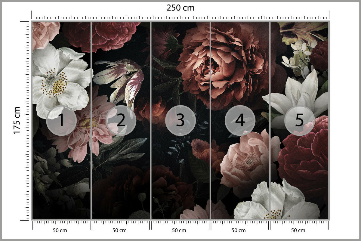 FOTOTAPETE für Büro Bunte Blumen Pfingstrosen Botanisch 250x175 - Rot/Weinrot, Papier (250/175cm) - Muralo