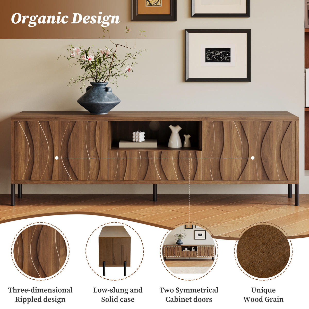 LOWBOARD in Naturfarben TV-Schrank mit drei Türen für Wohnzimmer und Arbeitszimmer, B160/T35/H46 cm - Schwarz/Naturfarben, Holzwerkstoff/Metall (160/46/35cm) - STILVORA
