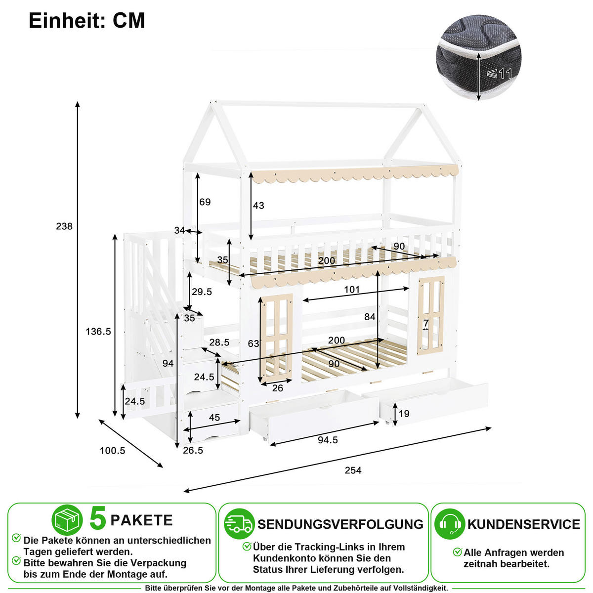 ETAGENBETT 90/200 cm in Weiß & Natur mit 2 Schubladen und Stauraumschrank - Weiß/Naturfarben, Holz/Holzwerkstoff (90/200cm) - CHICFURN