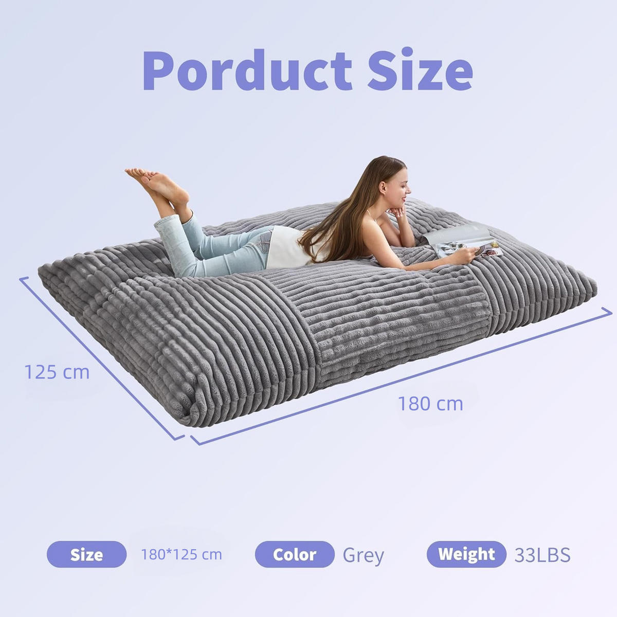 SITZSACK XXL 3-IN-1 aus Kordsamt als Sessel, Sofa und Bett - Hellgrau, Textil (180/25/125cm) - Urban Meuble