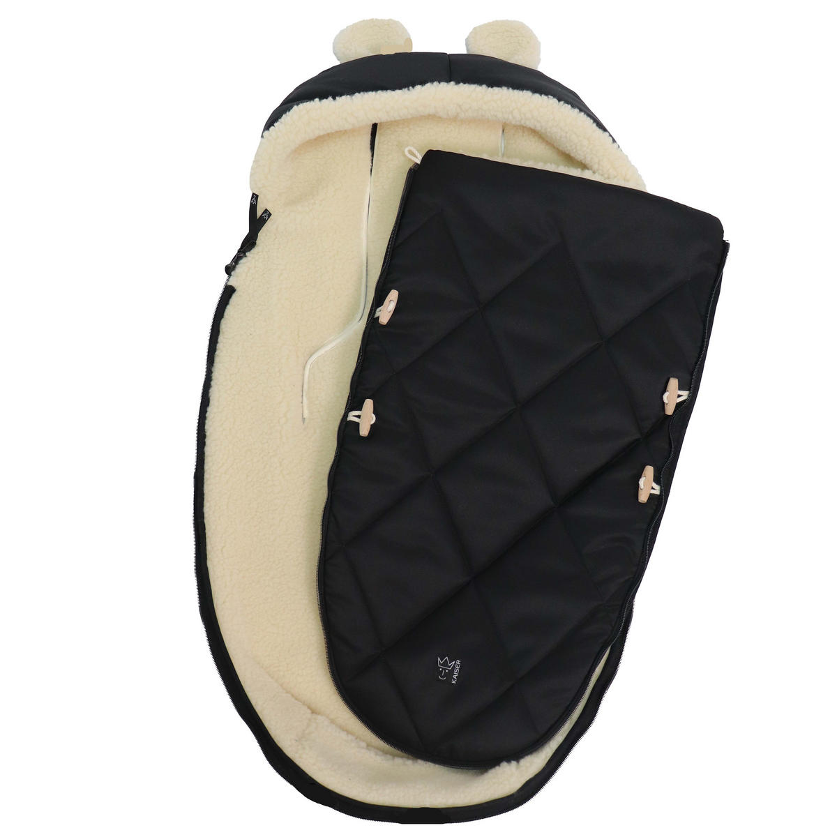KINDERWAGENFUSSSACK XL EARS WOOL, schwarz - Schwarz, Naturmaterialien (43/93cm)