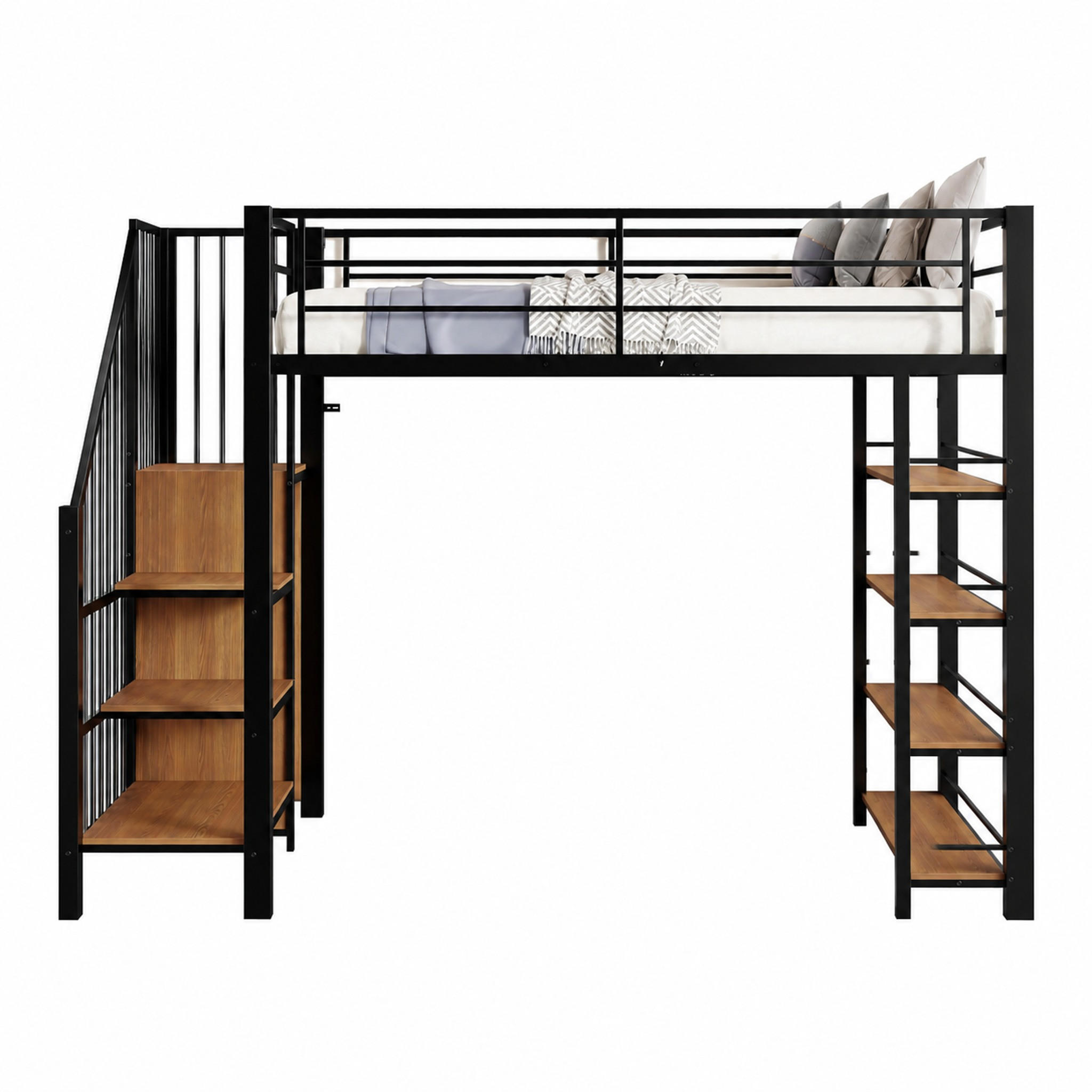 HOCHBETT mit Treppe und Stauraum 90x200 cm Metall Schwarz - Schwarz, Metall (90/200cm) - Meubliv