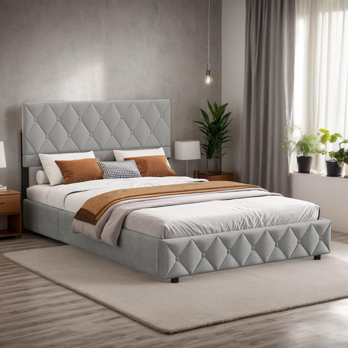 POLSTERBETT 160/200 cm Grau mit hydraulischem Stauraum aus Samt - Grau, Holzwerkstoff (160/200cm) - OKWISH